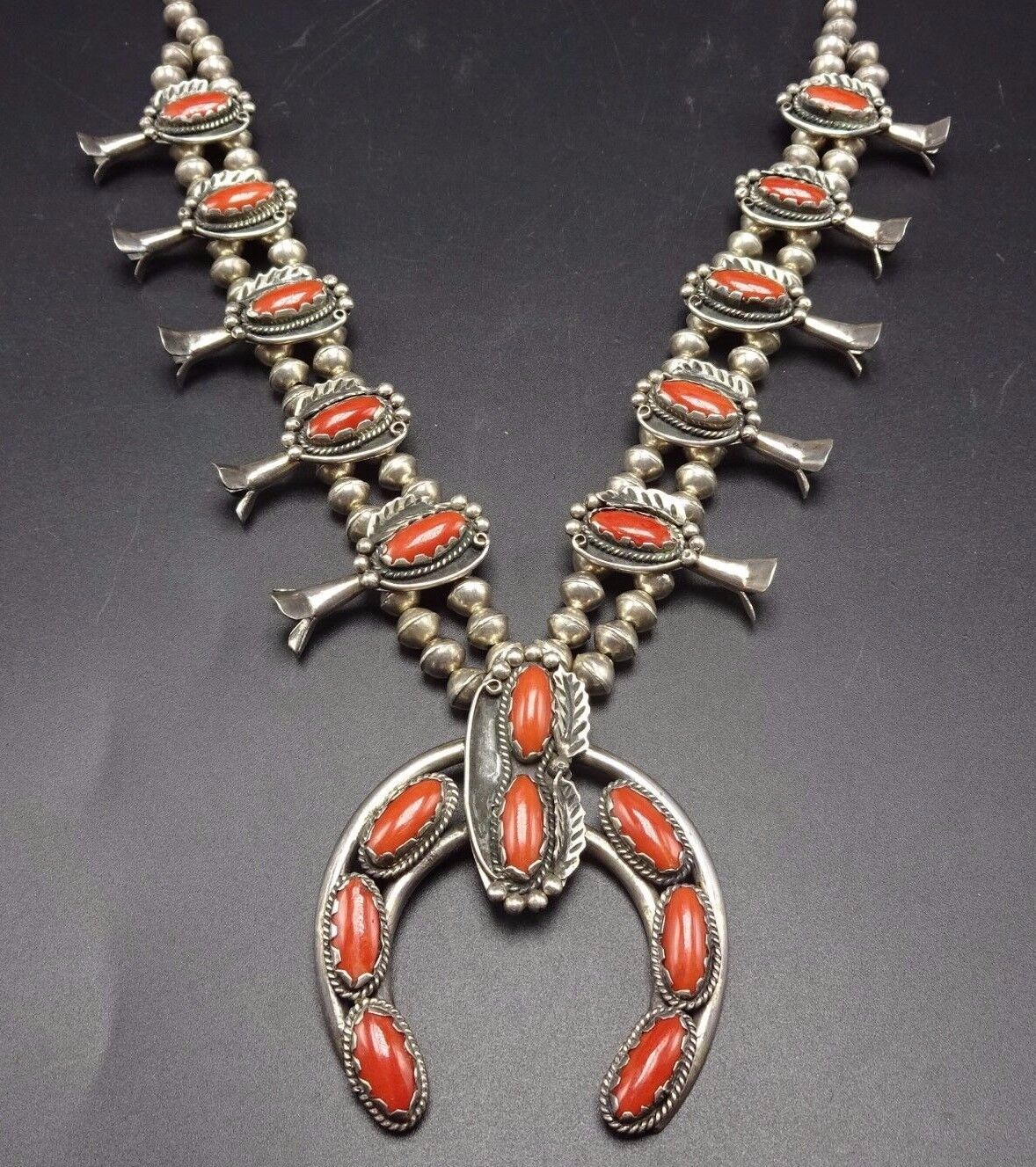 Superb Vintage Sterling Silver and OLD RED MED Coral SQUASH BLOSSOM Necklace