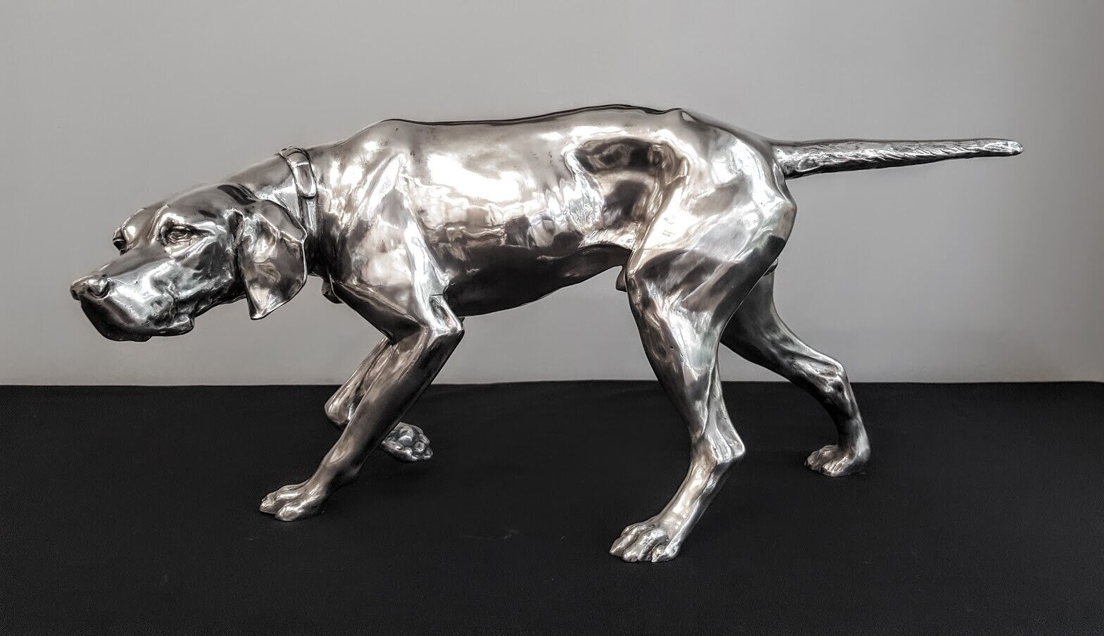 REMARKABLE POINTER DOG LARGE SILVER PLATE STATUE CIRCA 1920 DETAILED SUPERB