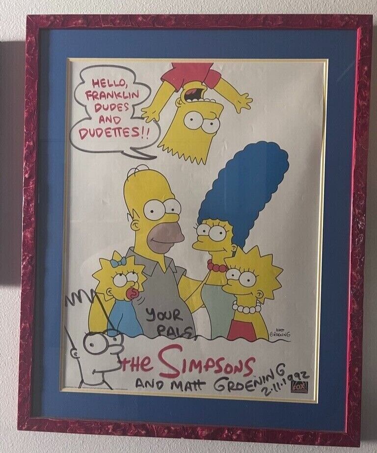 Matt Groening signature, doodle, & dated (1992) -- The Simpsons -- framed poster