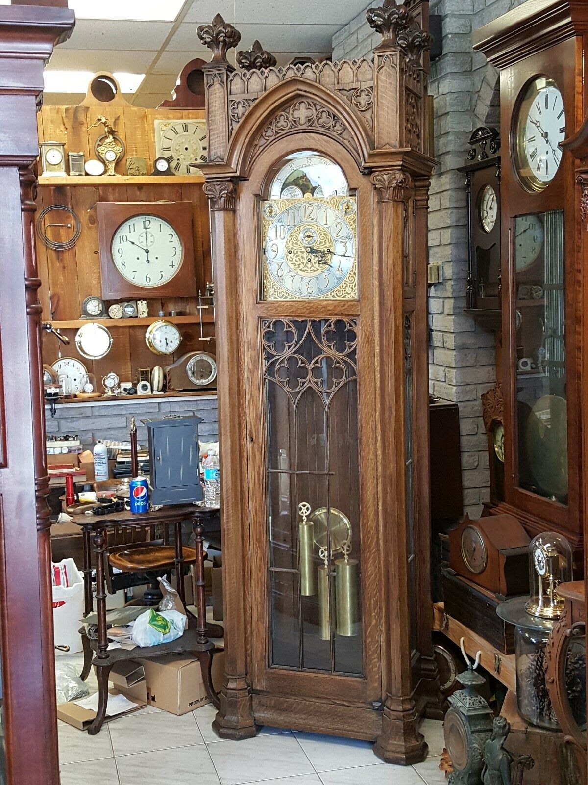 HUGE ANTIQUE GOTHIC HALL GRANDFATHER CLOCK WITH TUBULAR CHIMES,FOR CHURCHES 