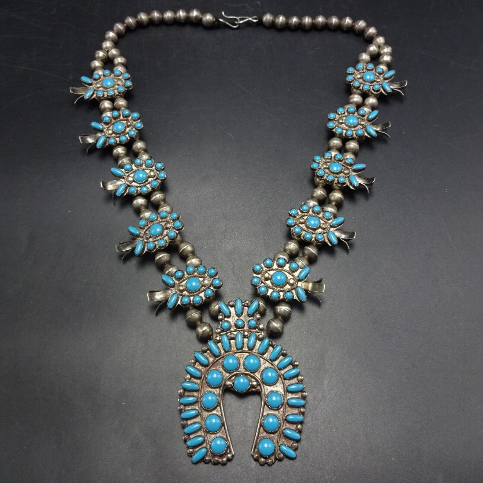 Rare 1920s OLD PAWN SQUASH BLOSSOM NECKLACE with Blue Hubbell Glass Cabochons