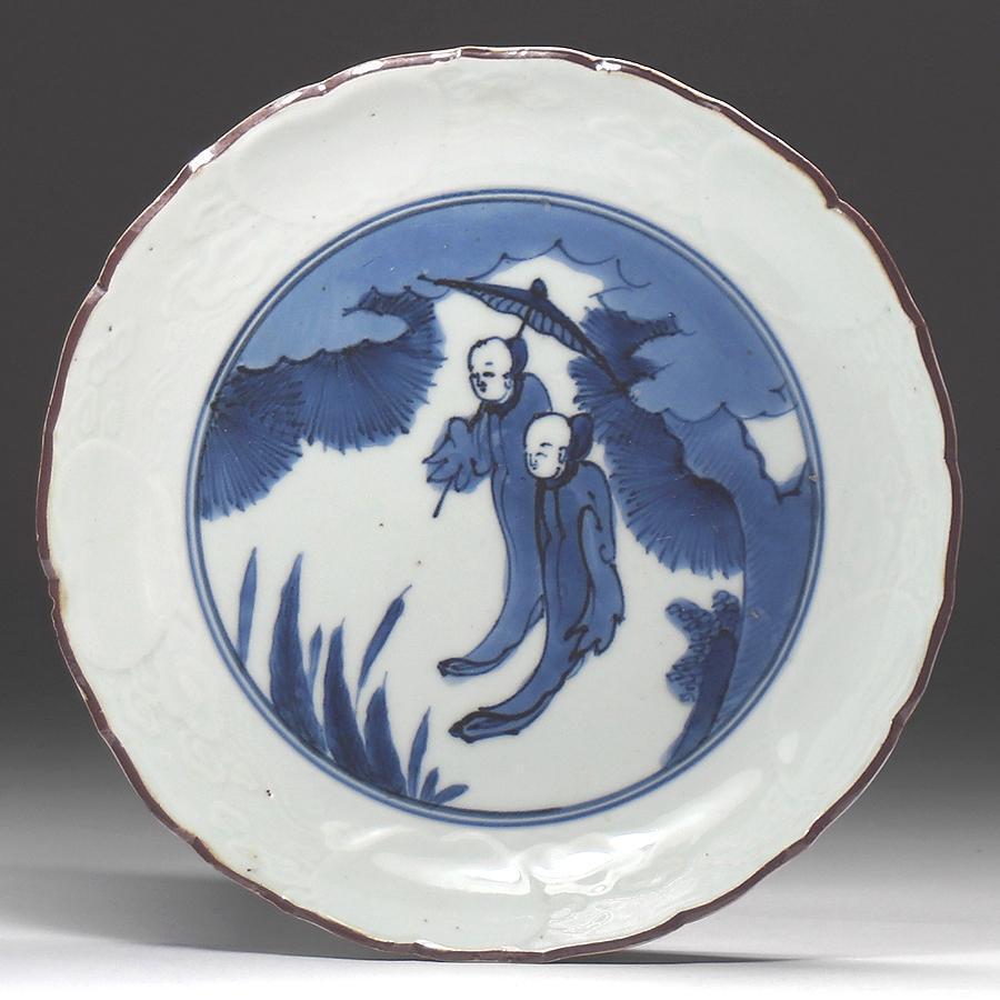 Opened Early Edo Period 1650 1660 Indigo Kutani Old Imari White Porcelain Engrav
