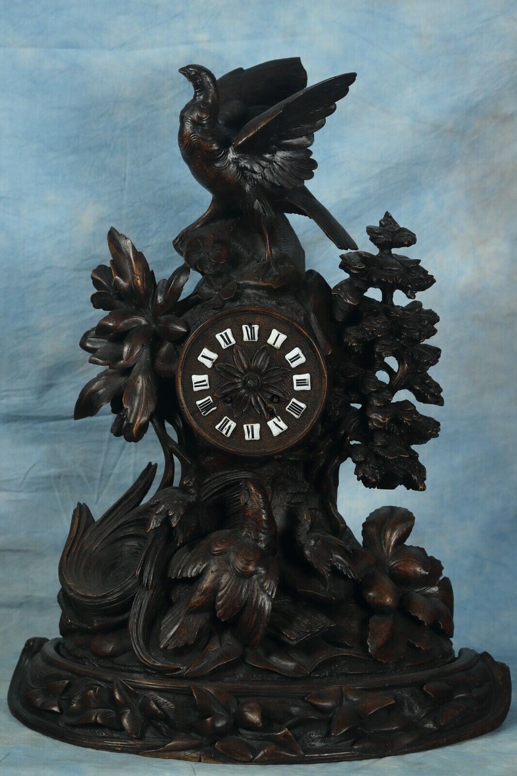 Large Antique French Black Forest Elaborately Carved Wood Clock 19th Century