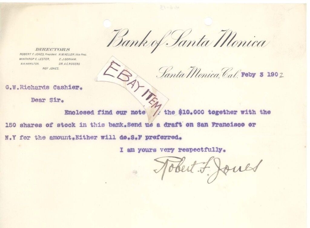 1902 BANK of SANTA MONICA CALIFORNIA Robert Jones KELLER LESTER GORHAM HAMILTON