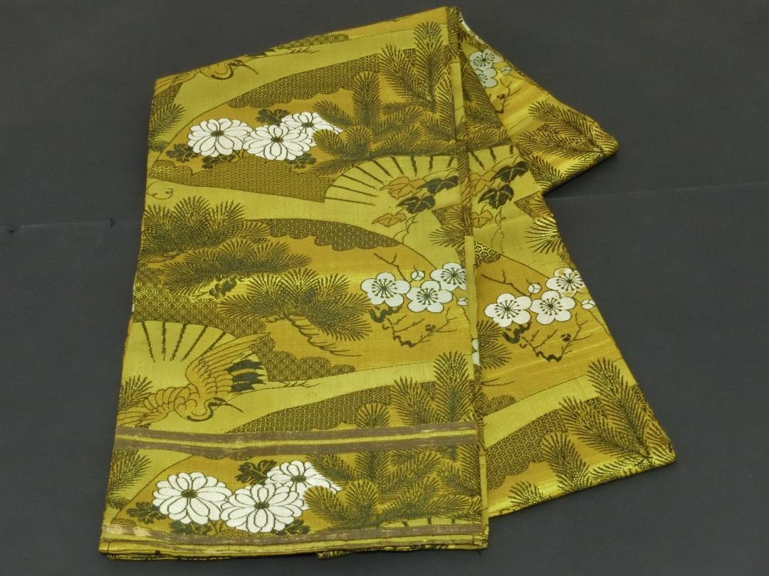 S Antique Tailored Pure Silk Round Obi With Flower And Crane Patterns On Matcha