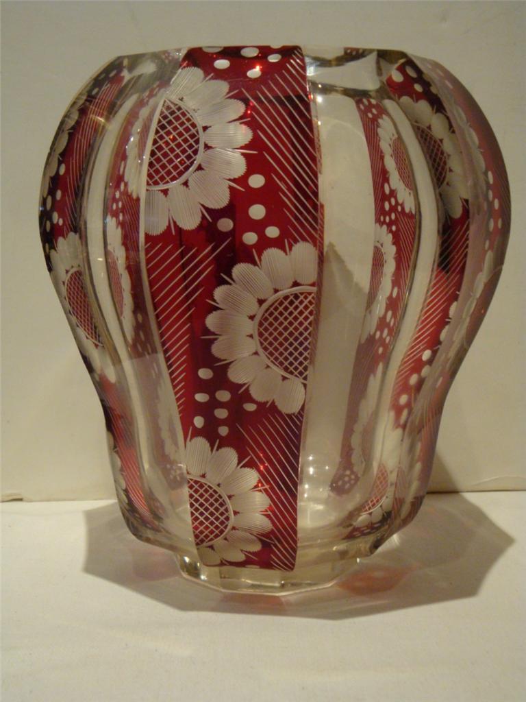 RARE HEAVY 19THC  FRENCH GLASS BOHEMIAN MOSER RUBY RED STENCILED FLORAL VASE