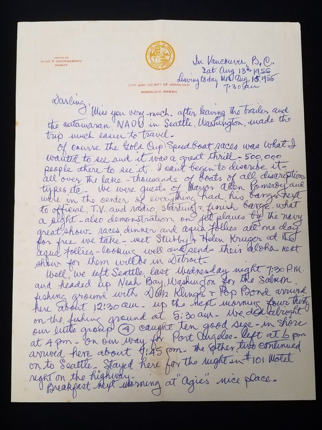  1955 Duke Kahanamoku letter to Nadine on Sheriff Letterhead Vancouver,B.C.