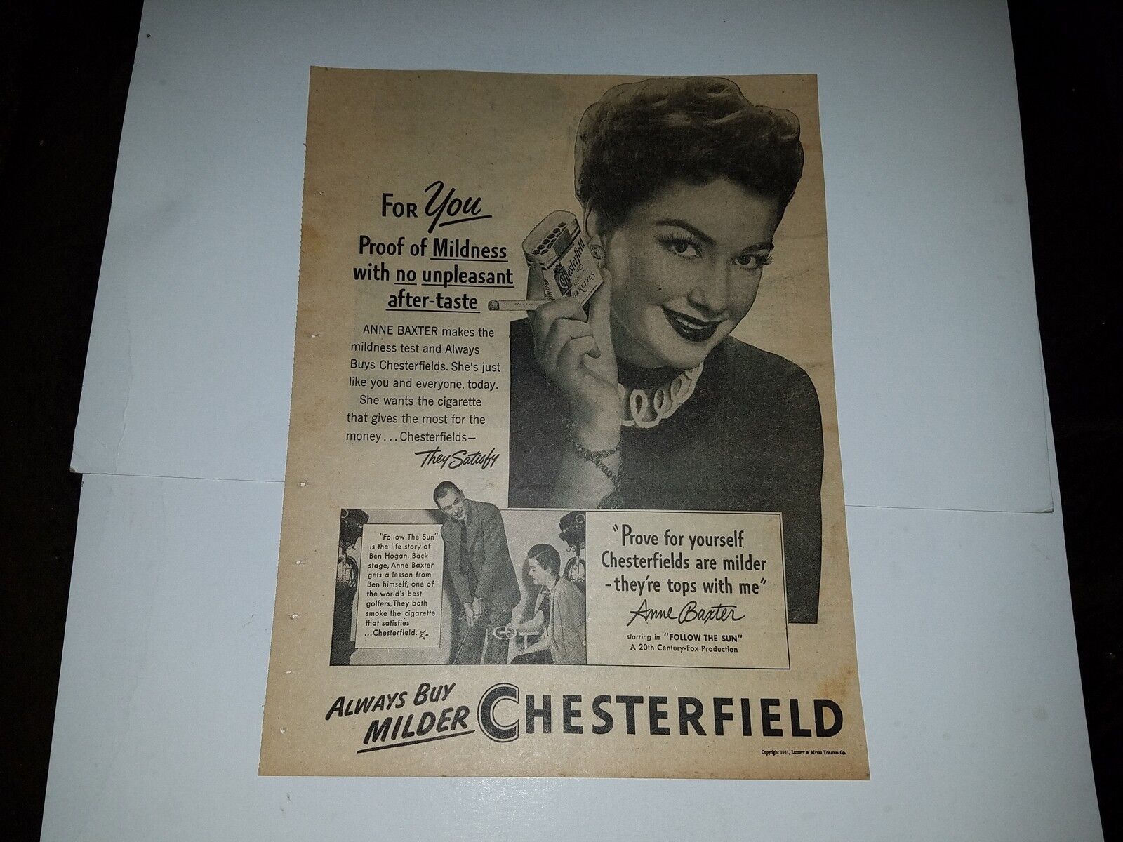 Ben Hogan Anne Baxter 1951 Chesterfield Cigarettes Huge Advertisement Ad RARE