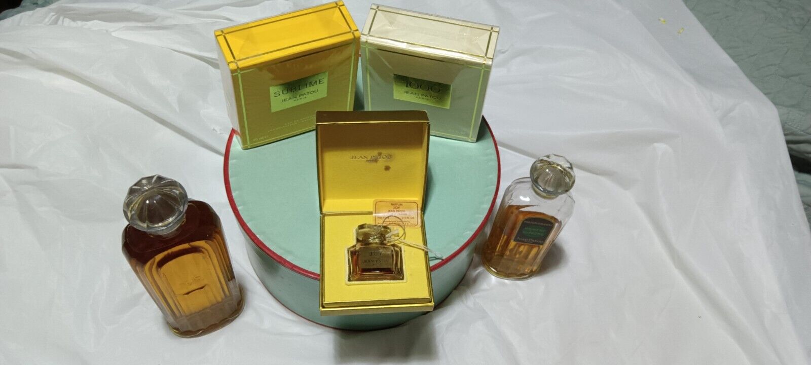 ( Lot of 6) JEAN PATOU Vintage Perfumes HUGE Bottle Of  Moment Supreme + Hat Box