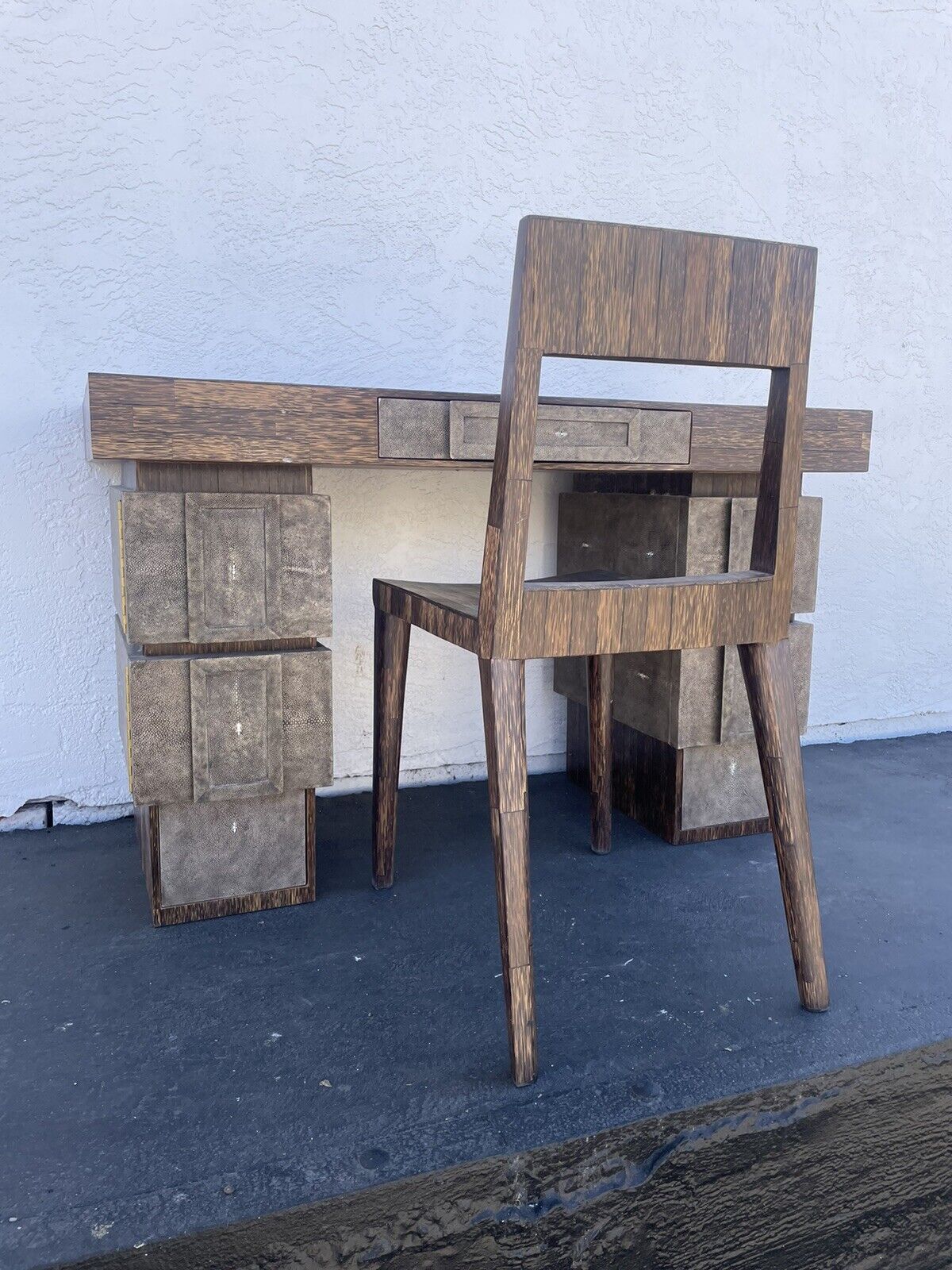 Rare Vintage R & Y Augousti Deco Stingray Shagreen Black Palm Desk and Chair