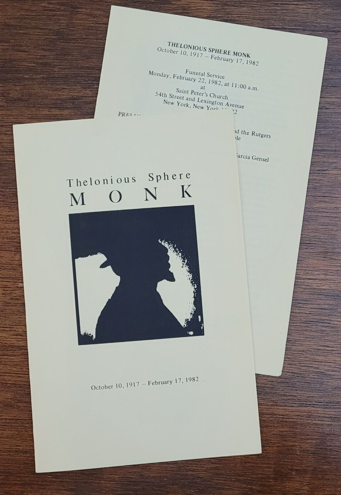 SCARCE THELONIOUS SPHERE MONK FUNERAL PROGRAM OBITUARY 1982 ORIGINAL VINTAGE