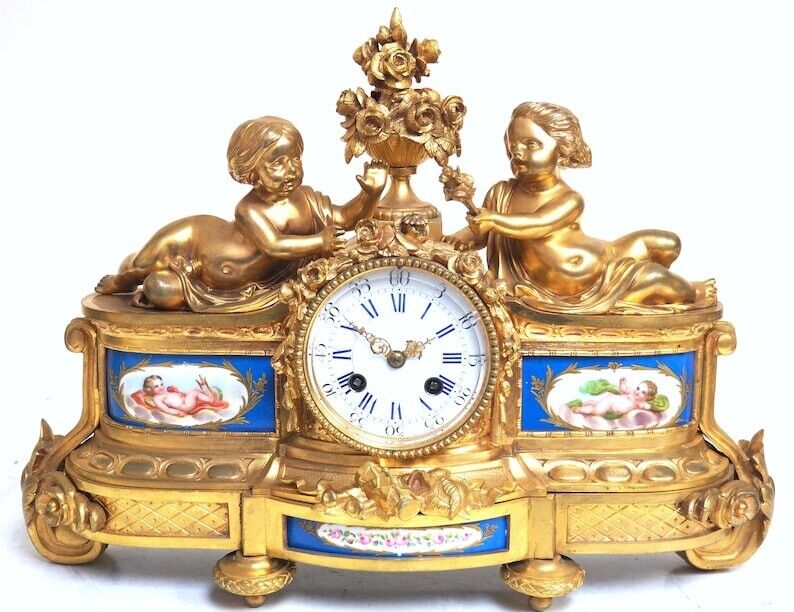 Wow Fine Ormolu French Antique Mantel Clock 8-Day Striking Blue Sevres C1850