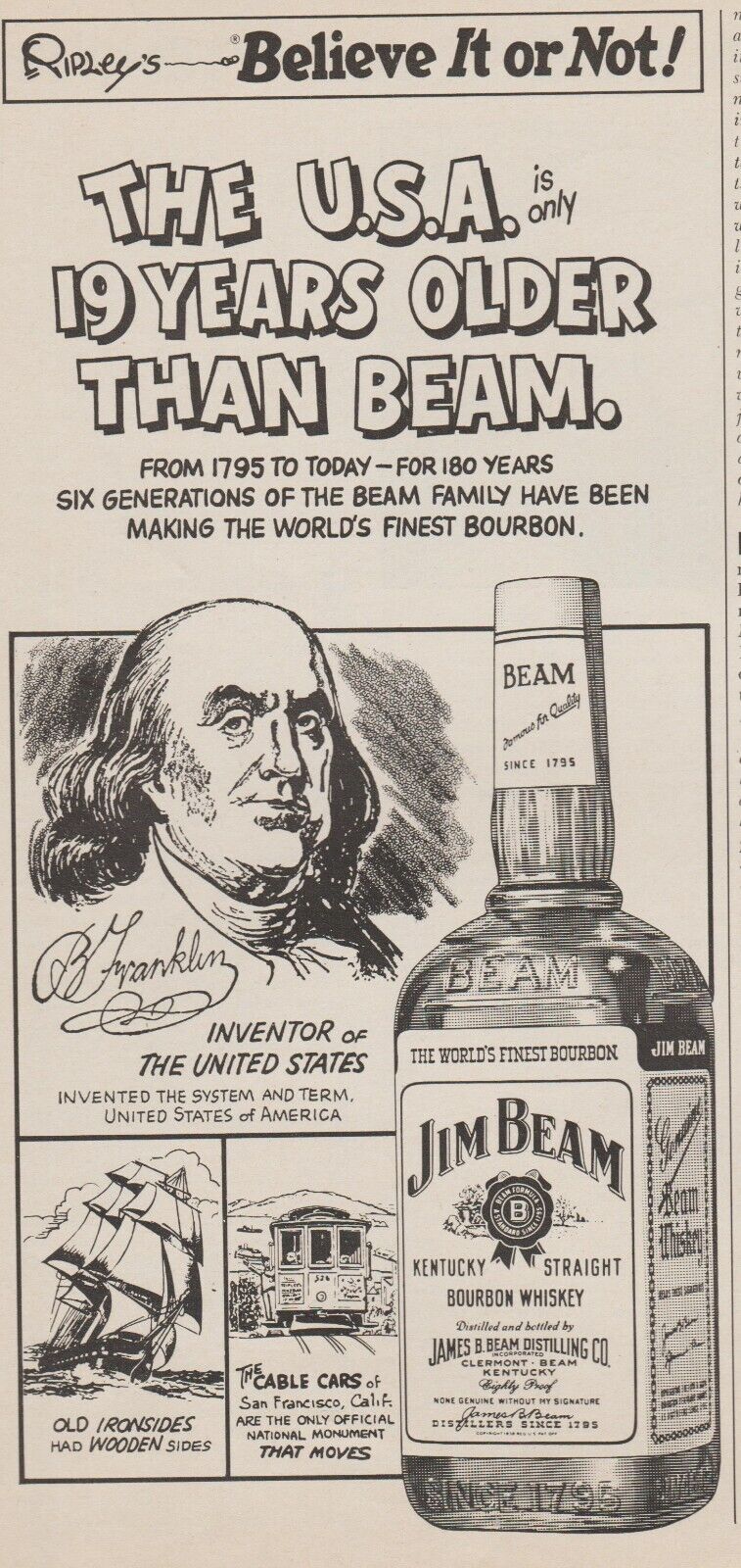 1975 Jim Beam - Ripley\'s Believe It Or Not - Benjamin Franklin - Print Ad Art