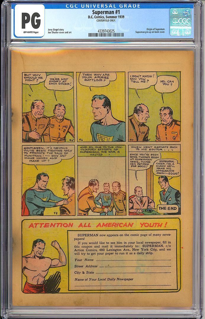 Superman #1 (CENTERFOLD ONLY) Classic Vintage DC Superhero Comic 1939 CGC PG