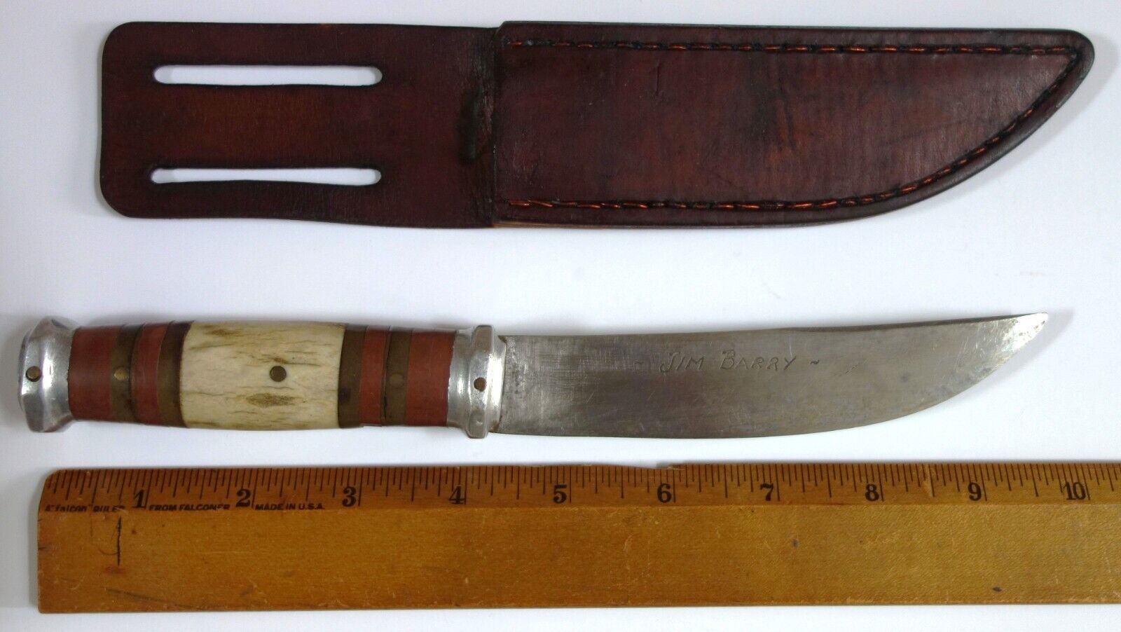 Vintage Circa 1975 Jim Barry SIGNED Hunting / Camping Knife and Leather Sheath.