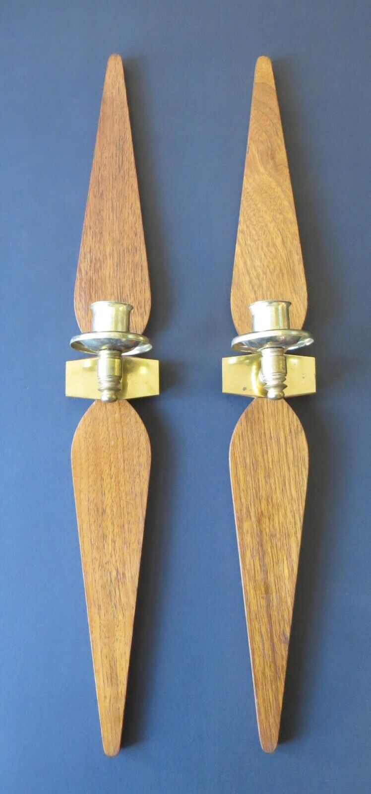 VTG. PAIR of 60's MID CENTURY WALNUT and BRASS STARBURST CANDLE HOLDERS SCONCES