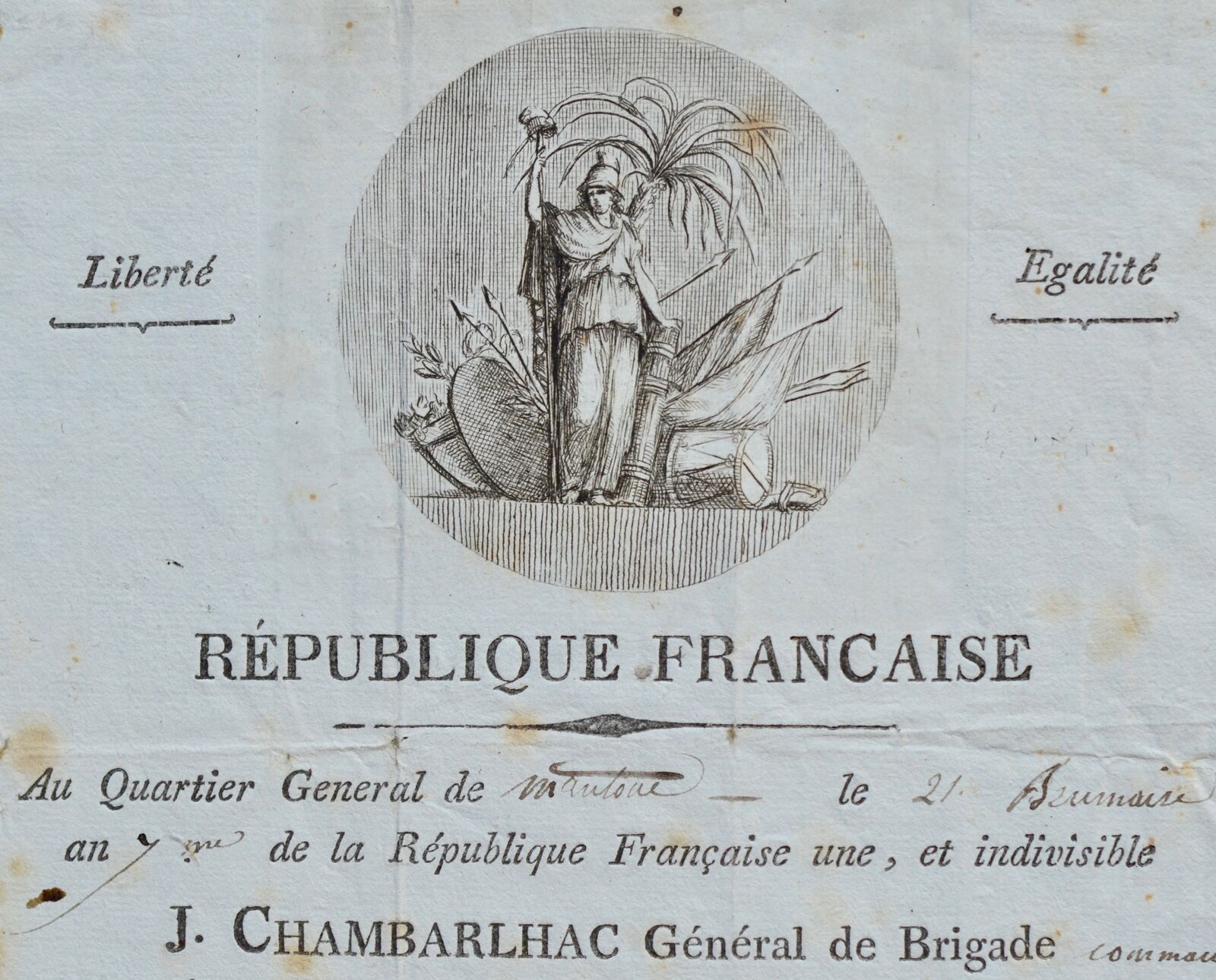 Letter from General Jacques-Antoine de Chambarlhac with beautiful vignette.