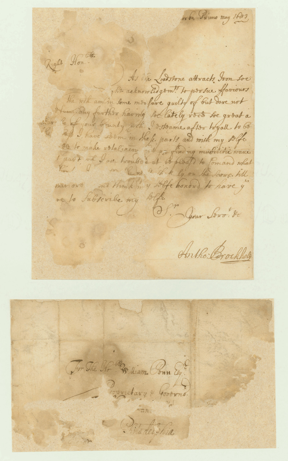 1683 Letter from Acting Gov. Anthony Brockholls to Governor William Penn (RARE)