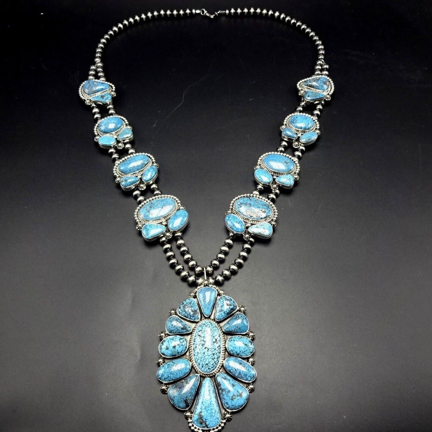 Spectacular NAVAJO Sterling Silver & KINGMAN SPIDERWEB TURQUOISE Necklace 490g