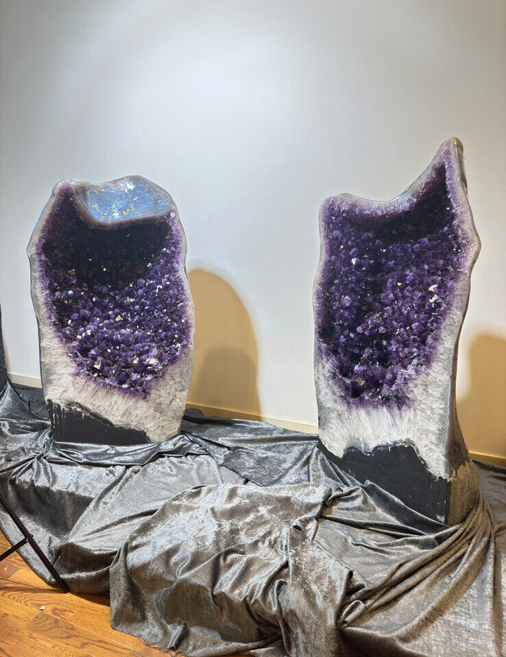 Rare 944lb Pair Brazilian Amethyst Cathedral Blue Lace Agate Crystal Geodes 4ft