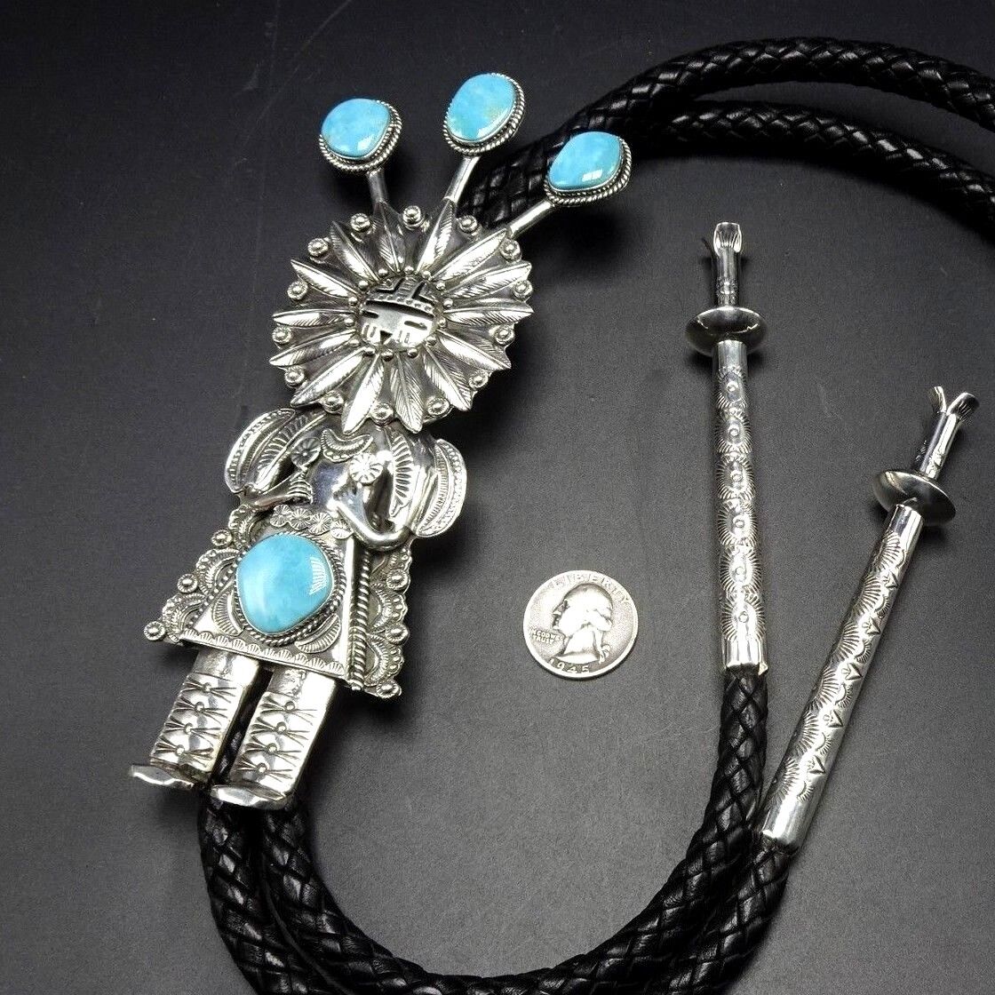 Spectacular NAVAJO Hand Stamped Sterling Silver and TURQUOISE KACHINA BOLO Tie