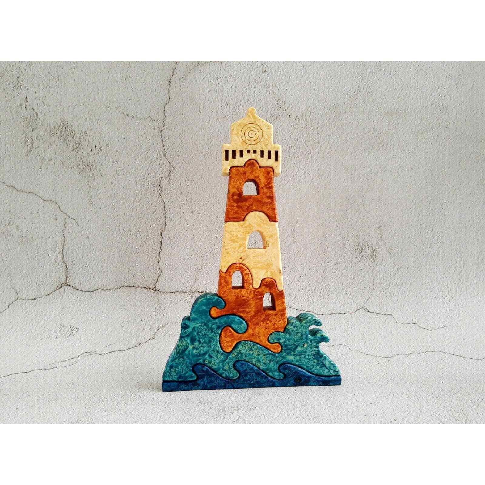 Unique handmade curved maple burl wood puzzle Lighthouse 