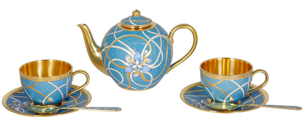 Russian silver 925 & 24k Gold Plated Teapot & 2 Teacups Enamel Filigree