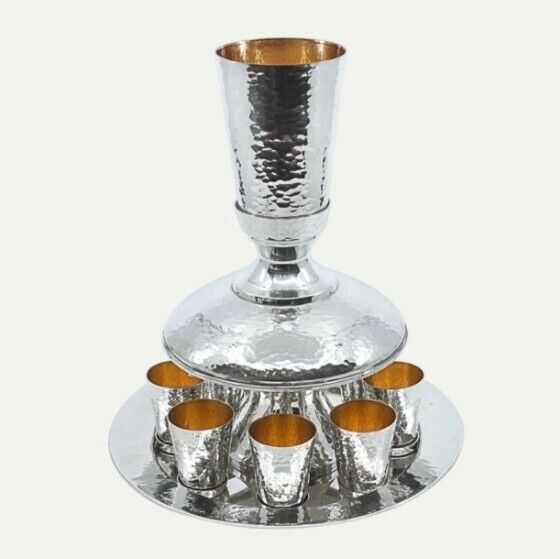 Hammered 8 Cups Goblets 925 Silver Judaica Kiddush Wine Fountain Shabat Cup