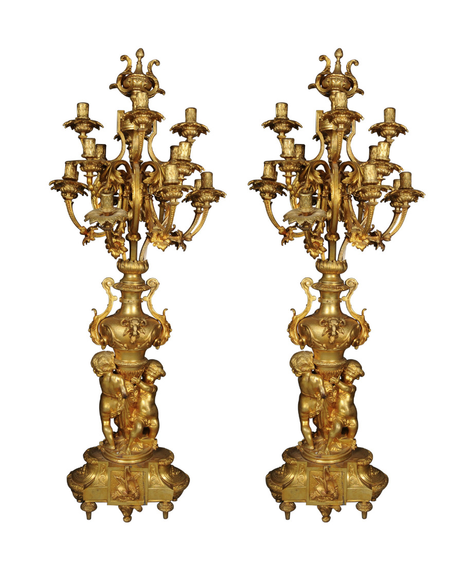 Pair (2x) Monumental Royal Candlestick, Gold Bronze, Louis XVI