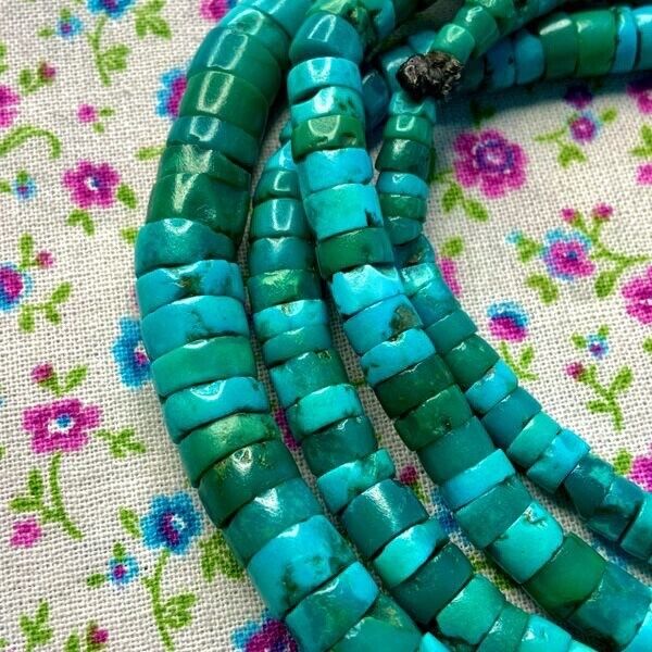 1920s LONG Santo Domingo Pueblo GREASY BLUE & GREEN HEISHI Turquoise Necklace