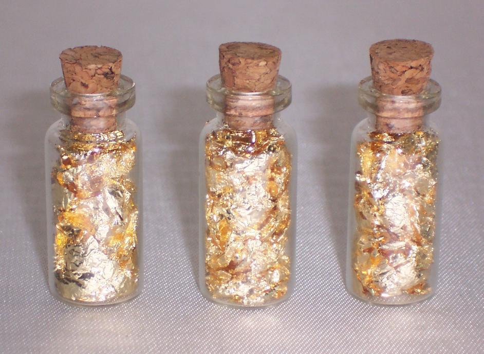 3pc SMALL GLASS BOTTLES OF GOLD LEAF FLAKE MINI VIALS WITH CORK TOP 