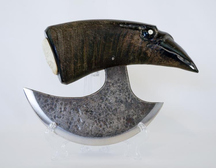Carved Horn Figural Ulu Knife Forged Blade Lot 41