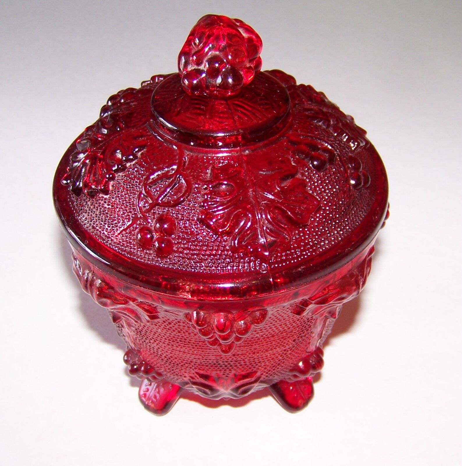 Jeanette Glass Red Grape & Leaf Patterned Footed Candy Dish / Powder Jar