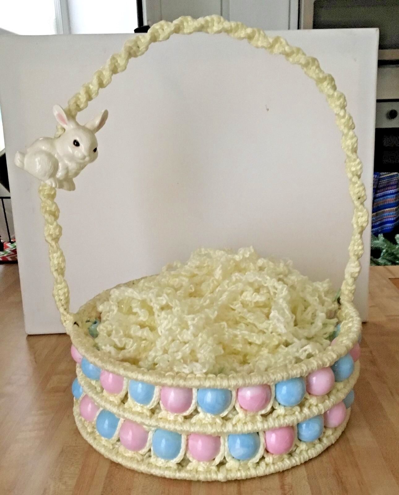 Vintage Large Yellow Macrame Easter Basket