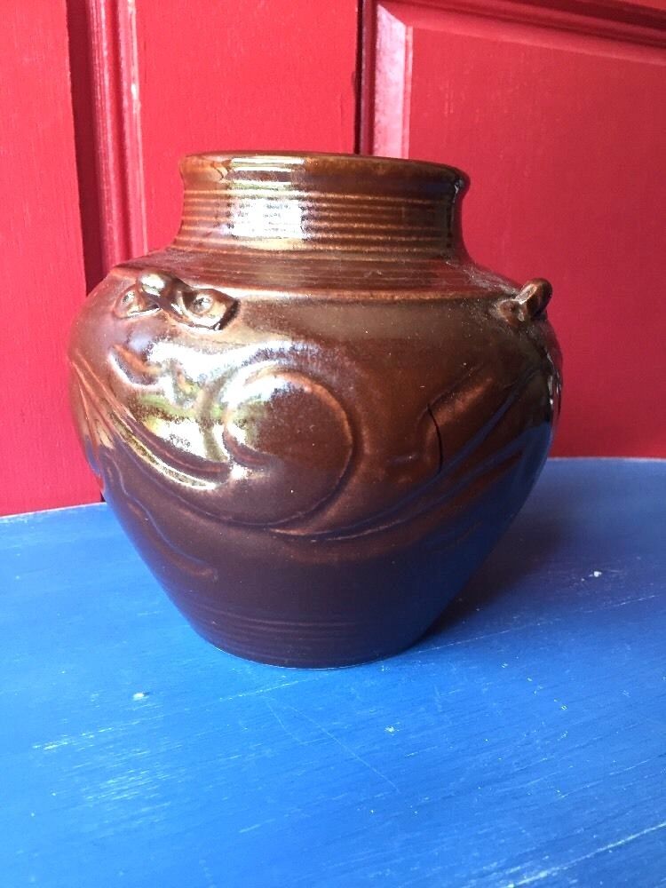 Antique Primitive Crock Hull Design Raku Handspun Pottery Vase Bowl Jug 6 X 6 #