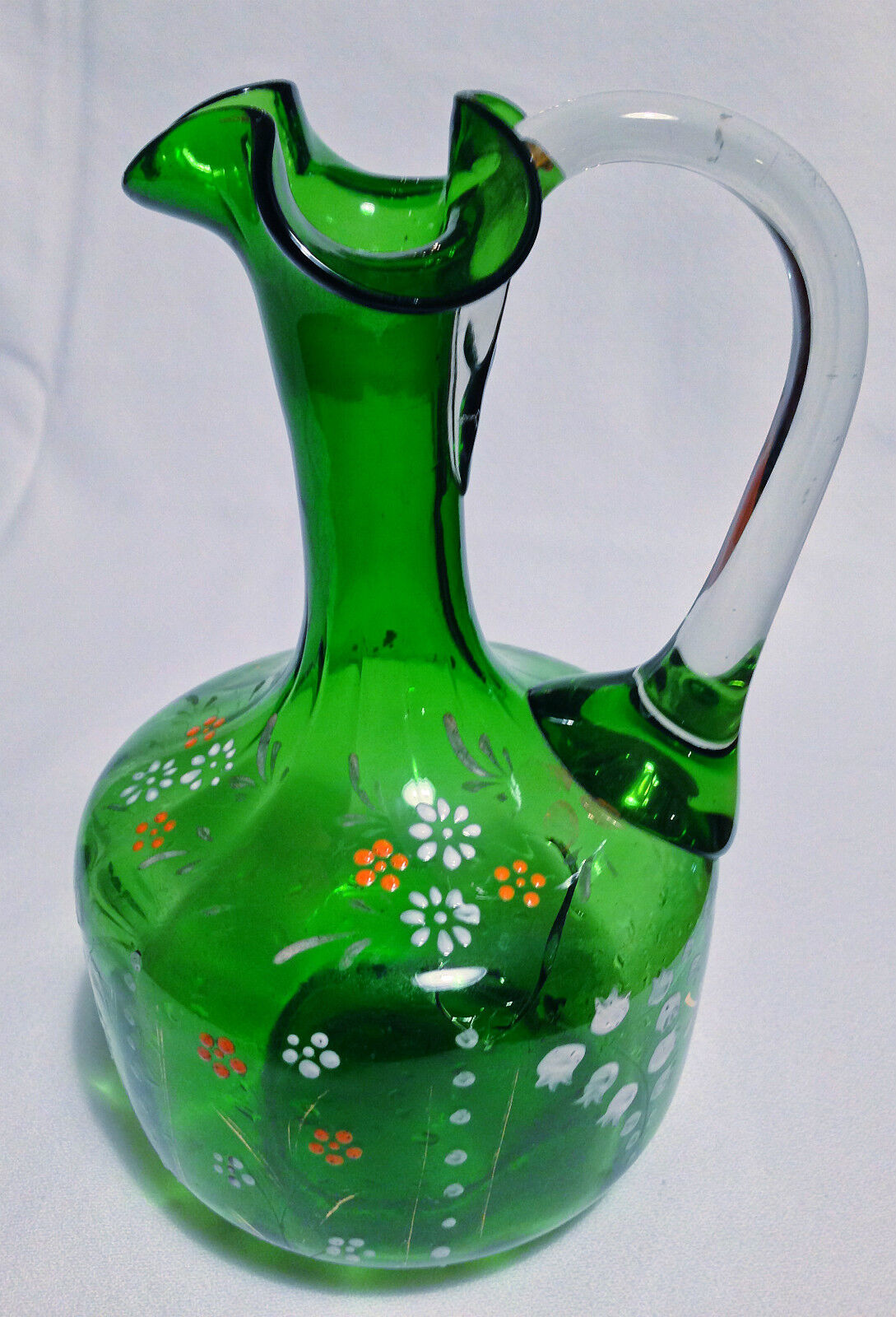Antique Hand Painted Hand Blown Green Pitcher Vase With Clear Glass Handle
