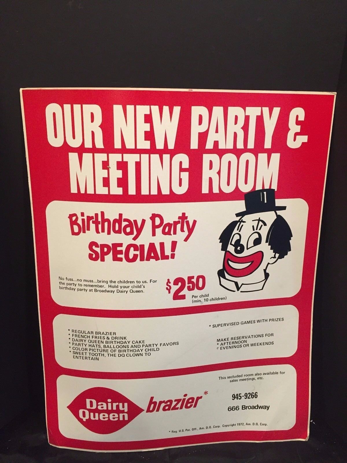 Vintage Advertising Sign Dairy Queen Ice Cream Birthday Party Special c. 1972