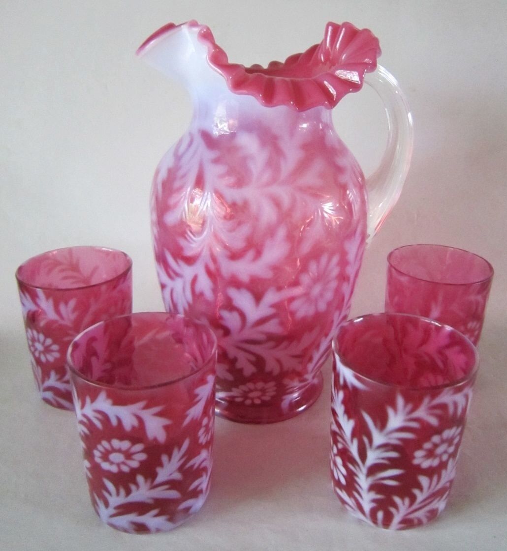 Antique CRANBERRY Fern Daisy Water PITCHER & 4 Tumbler Glasses