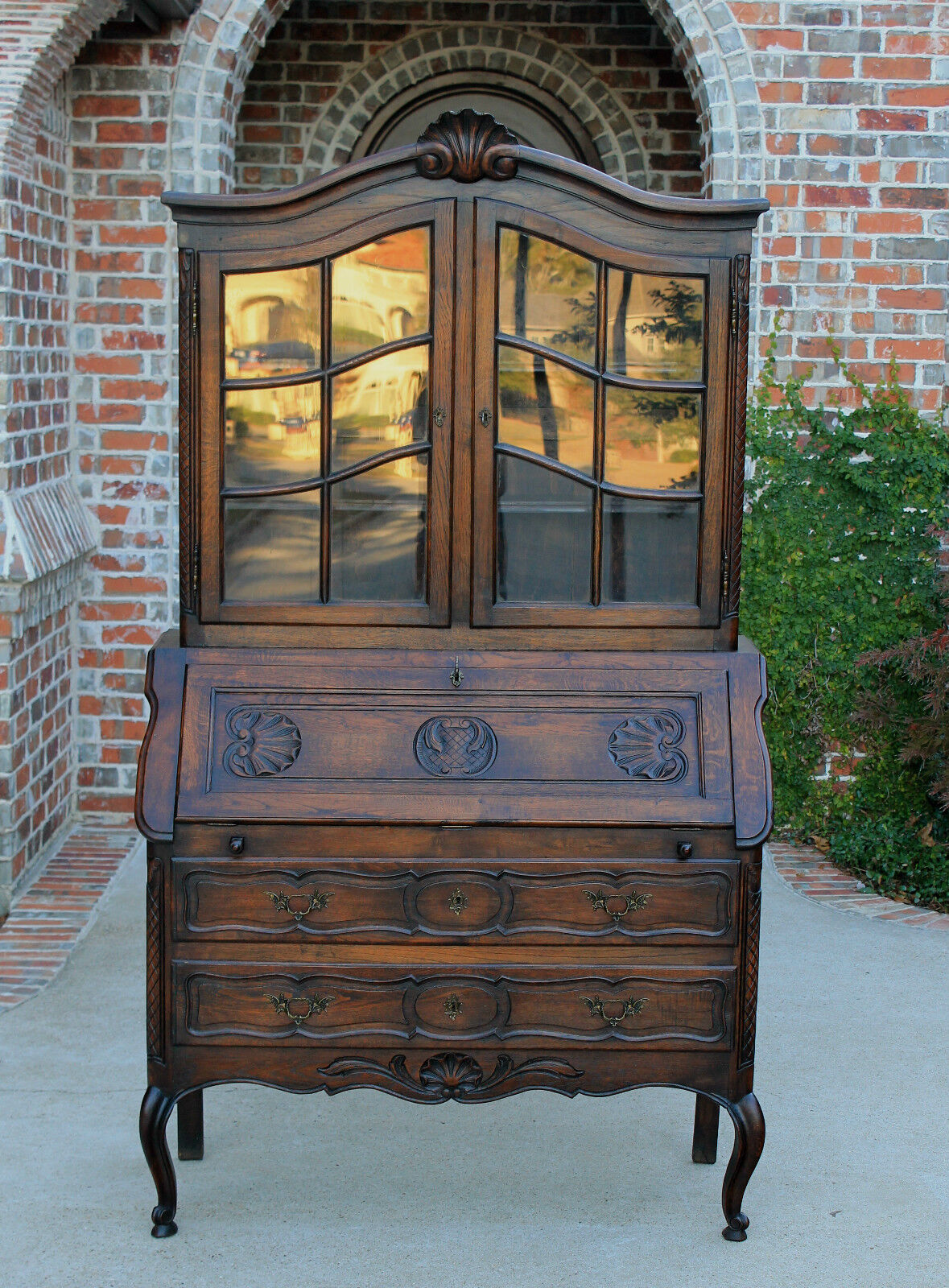 Antique French Oak Louis  XV Style Secretary Fall Front Desk Bookcase Cabinet