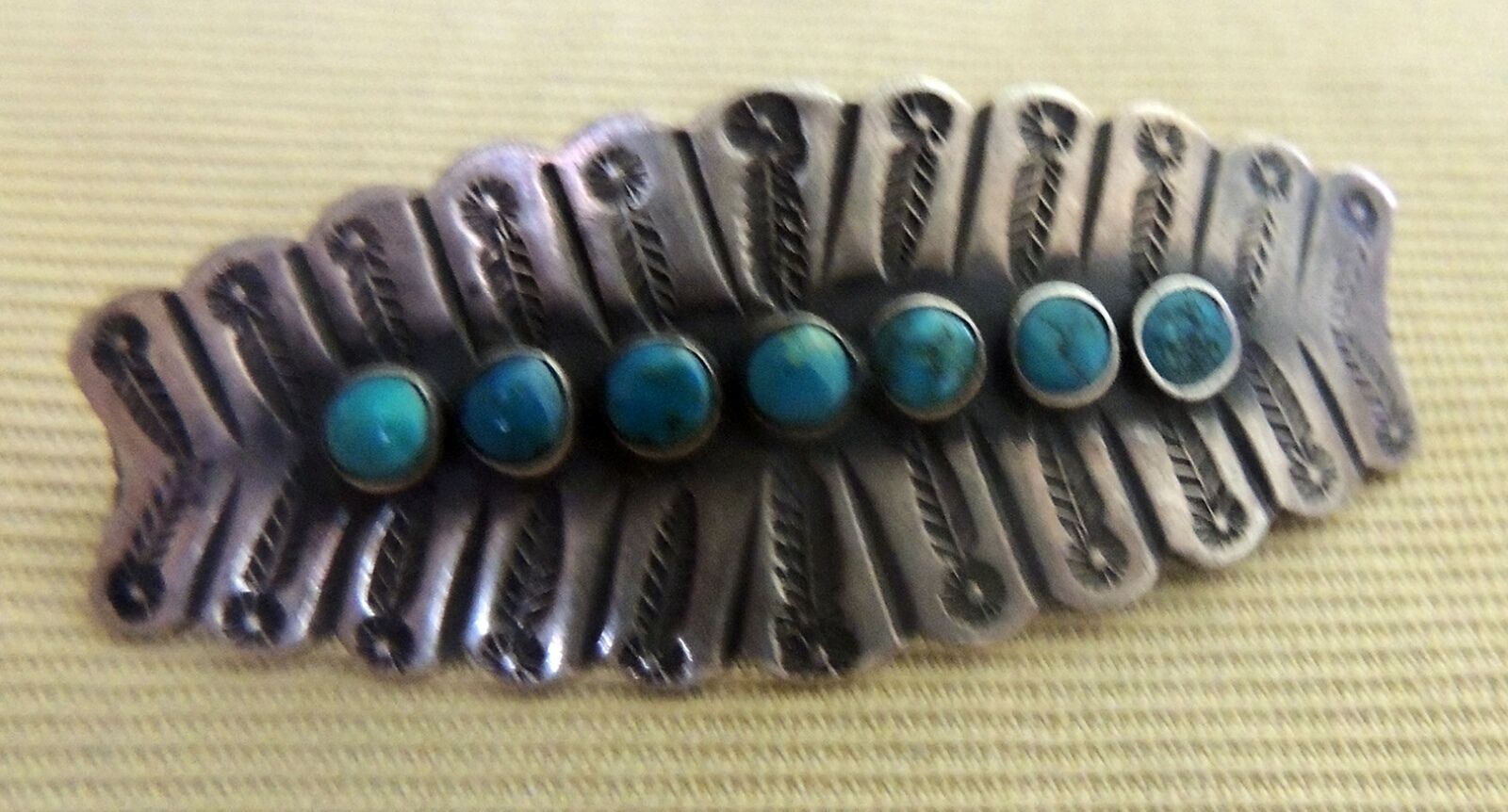 Rare Old Navajo Fred Harvey Era Floral Hand Stamping & Turquoise Row or Bar Pin