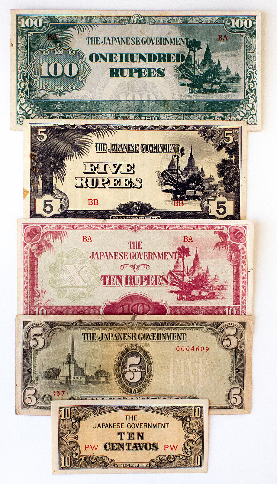 5 diff. Burma and Philippines WW2 1940\'s Japanese invasion paper money circ.-Unc