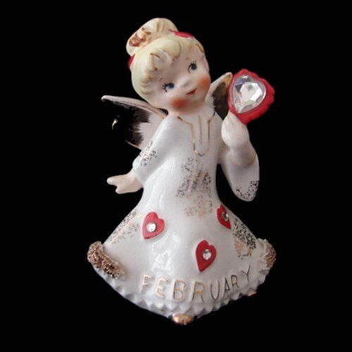 RARE Lefton FEBRUARY Birthday Angel Girl Figurine w Rhinestones  Valentine's Day