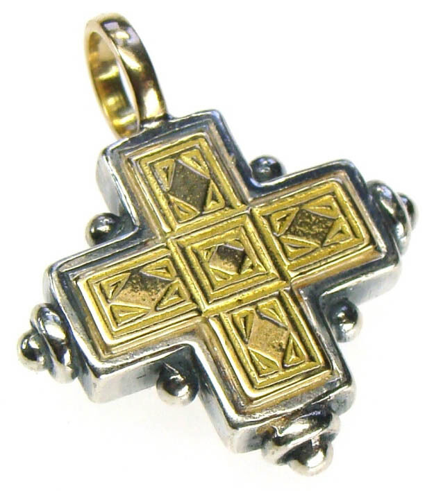 Gerochristo 5014 ~ Solid 18K Gold  & Sterling Silver - Byzantine  Cross Pendant