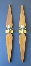 VTG. PAIR of 60's MID CENTURY WALNUT and BRASS STARBURST CANDLE HOLDERS SCONCES picture