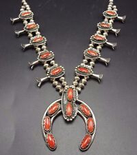 Superb Vintage Sterling Silver and OLD RED MED Coral SQUASH BLOSSOM Necklace picture