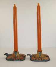 -ANTIQUE OAK LEAVES ACORN CAST IRON CANDLE HOLDERS RARE 1920's FOLK ART COUNTRY picture