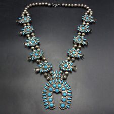 Rare 1920s OLD PAWN SQUASH BLOSSOM NECKLACE with Blue Hubbell Glass Cabochons picture