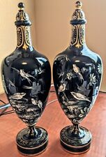 Pair Harrach Bohemian Hand Painted Black Amethyst Glass Urns Vases Signed  14