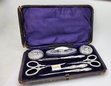 ANTIQUE 1894 LEVI & SALAMAN STERLING SILVER TRAVEL VANITY PILL BOX NAIL SET,CASE picture
