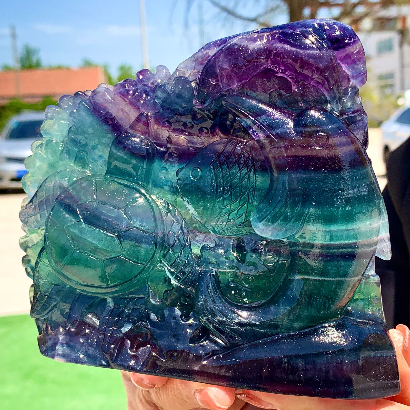 2.9LB Gnatural beautiful Colours Fluorite Crystal Carving Underwater Sculhealin